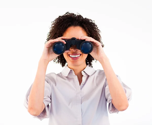 Detail afro-american podnikatelka drží dalekohled — Stock fotografie