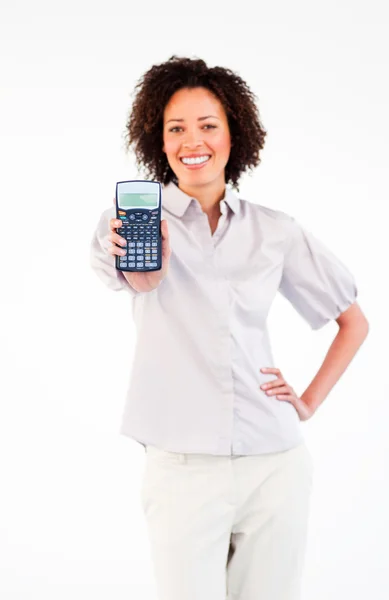 Smiling woman holding a calculator — Stock Photo, Image