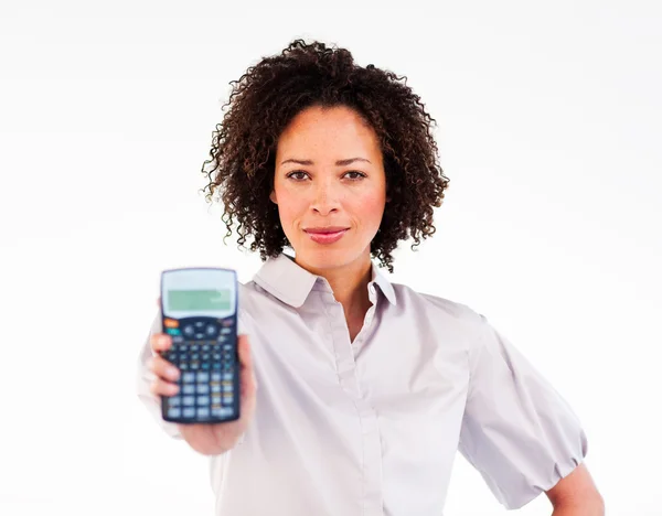 Portrait of an Afro-American businesswoman holding a calculator — Stock Photo, Image