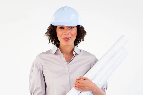 Engineer woman holding blueprints — Stock Photo, Image