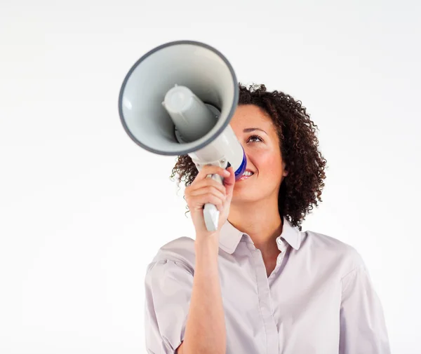 Businesswoman shouting through megaphone — Stock Photo, Image