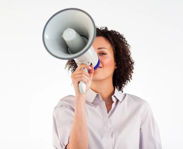 Mujer de negocios gritando a través de megáfono — Foto de Stock