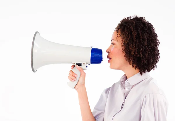 Mulher de negócios gritando através de megafone — Fotografia de Stock