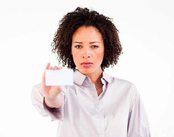 Beautiful businesswoman holding white card — Stock Photo, Image