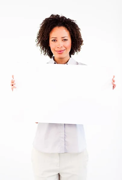 Friendly businesswoman holding big businesscard — Stock Photo, Image