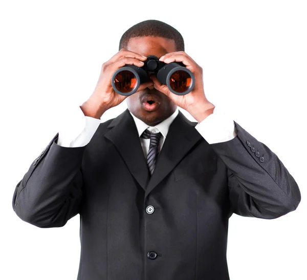 Close-up of an young businessman with binoculars — Stock Photo, Image