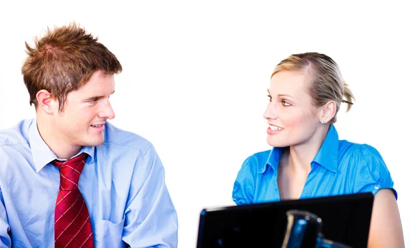 Businessman and businesswoman interacting — Stock Photo, Image