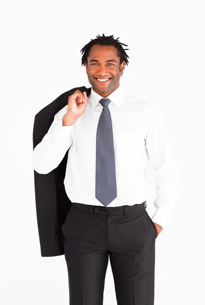 Uśmiechający się biznesmen dobrze ubrany, patrząc na kamery — Zdjęcie stockowe