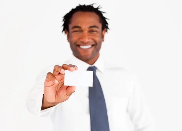 Afro-American busdinessman holding white card — Stock Photo, Image