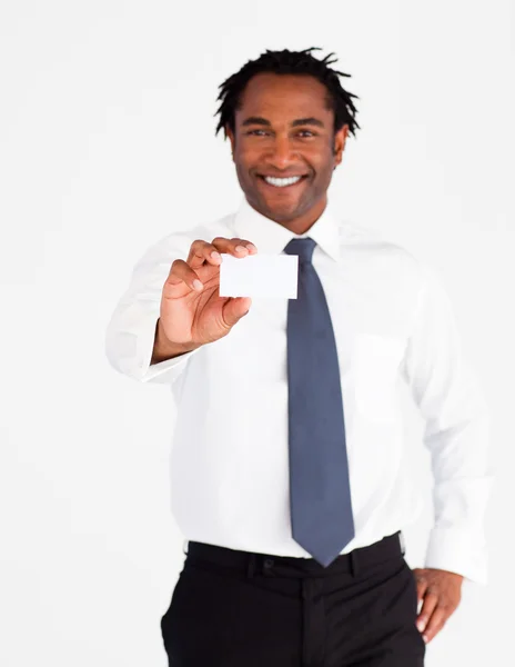 Friendly businessman showing white card — Stock Photo, Image
