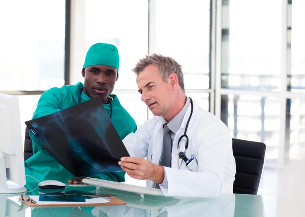 Two doctors talking about two x-rays — Stock Photo, Image