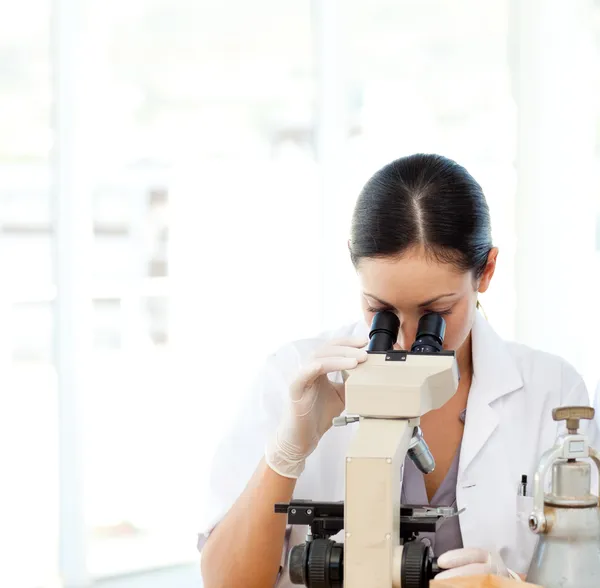 Científicos mirando a través de un microscopio — Foto de Stock