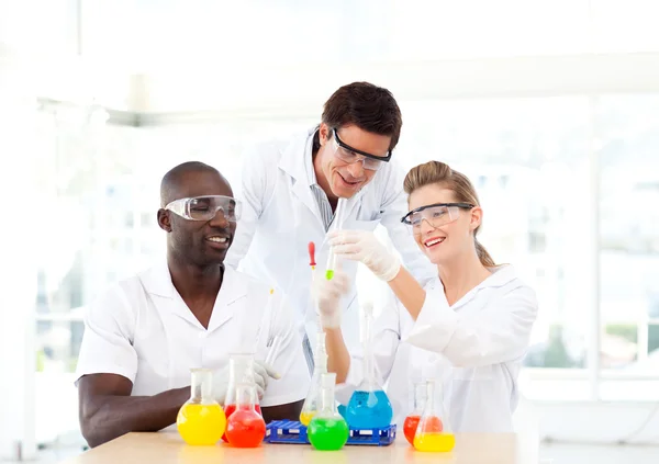 Group of scientists examining test-tubes — Stock Photo, Image