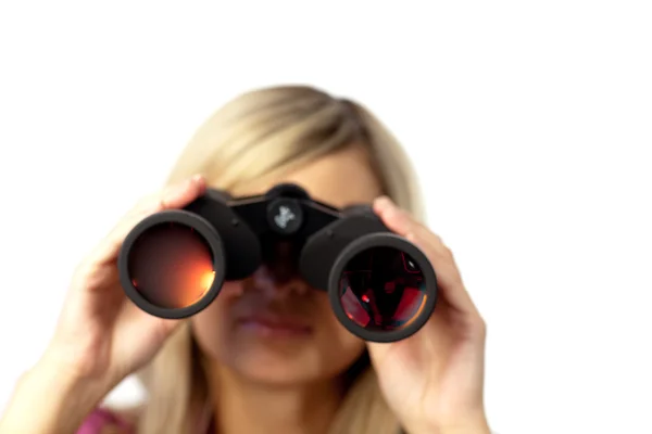 Delighted woman using binoculars — Stock Photo, Image