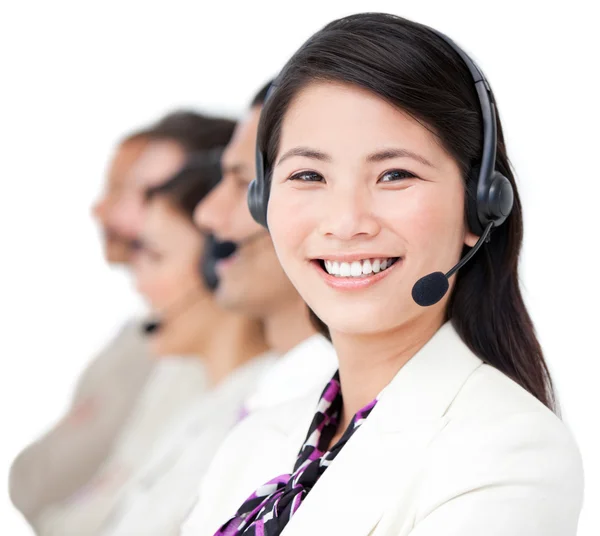 Cheerful business with headset on standing — Stock Photo, Image