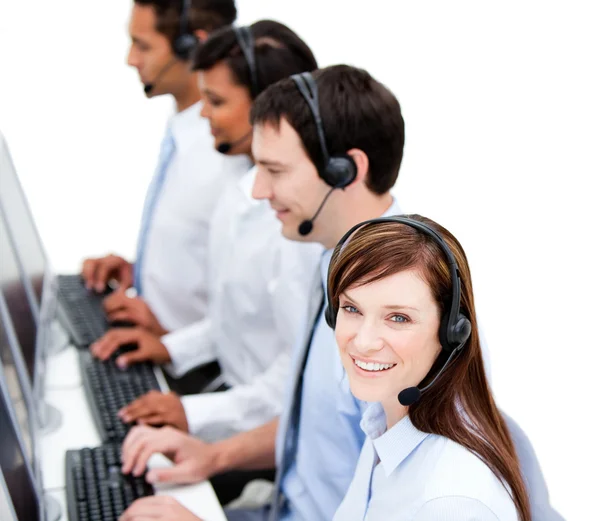 Concentrated businessteam with headset on — Stock Photo, Image