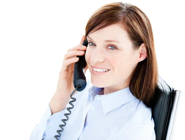 Portrait of a caucasian businesswoman answering the phone — Stock Photo, Image