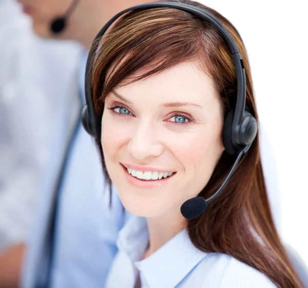 Portrait of caucasian businesswoman with headset on — Stock Photo, Image