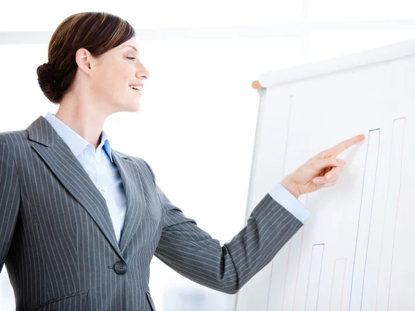 Portrait of a laughing businesswoman talking about a graph durin — Stock Photo, Image