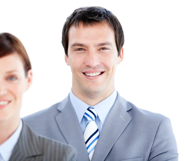 Portret van een glimlachende businesspartners kijken naar de camera — Stockfoto