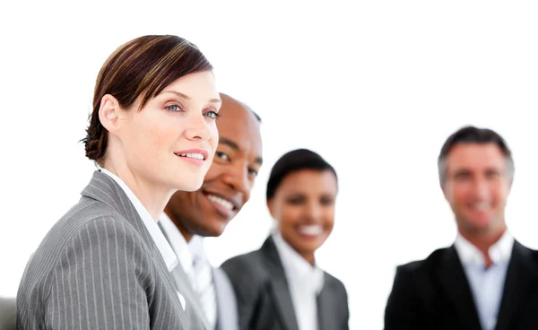 Portrait of smiling businesspeople listenning a presentation — Stock Photo, Image