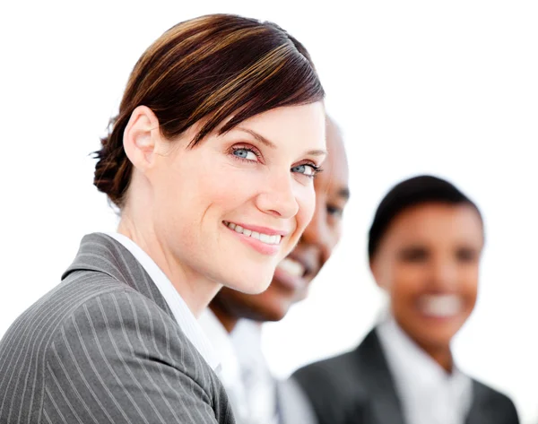 Portrait of smiling businesswoman listenning a presentation — Stock Photo, Image