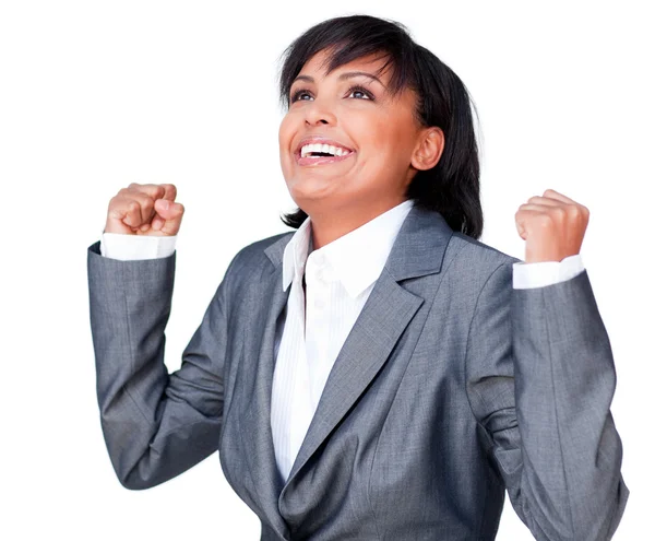 Framgångsrik affärskvinna med öppna händer — Stockfoto