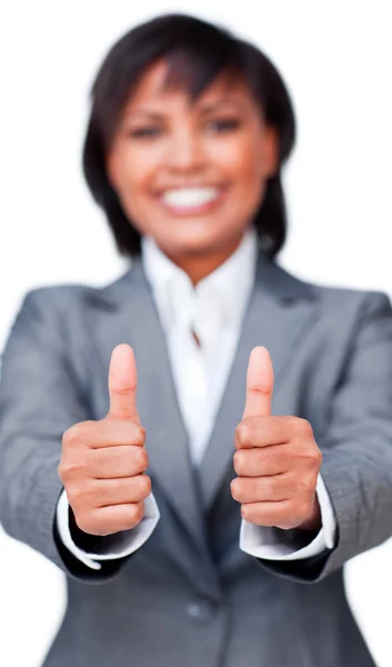 Щаслива бізнес-леді з великими пальцями вгору — стокове фото