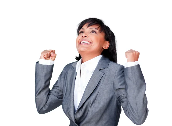 Glad affärskvinna med öppna händer — Stockfoto