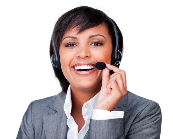 Close-up of a happy customer service agent with headset on — Stock Photo, Image