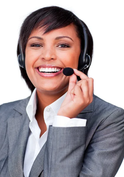 Young hispanic customer service agent with headset on — Stock Photo, Image