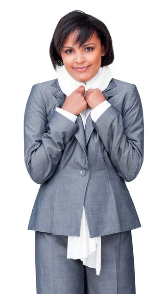 Mulher de negócios fria usando um cachecol — Fotografia de Stock