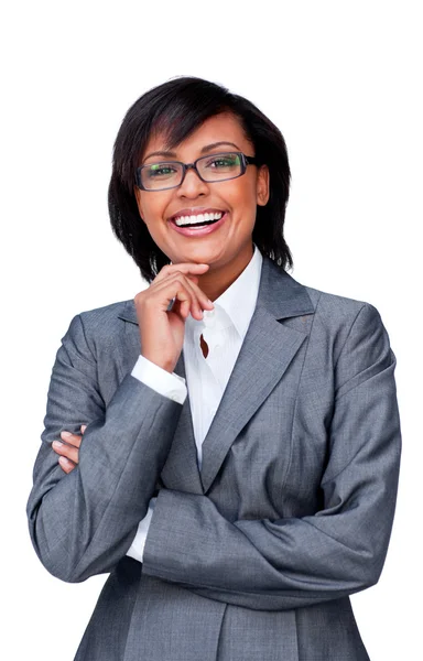 Empresária hispânica atraente usando óculos — Fotografia de Stock