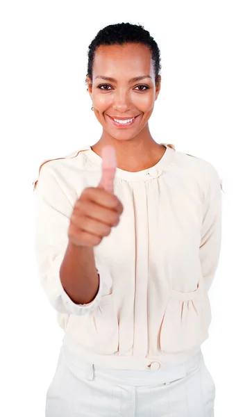 Successful businesswoman with thumb up — Stock Photo, Image