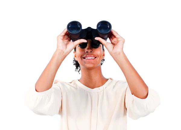 Visionary businesswoman looking through binoculars — Stock Photo, Image