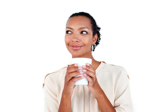 喝一杯咖啡的吸引力女商人 — 图库照片