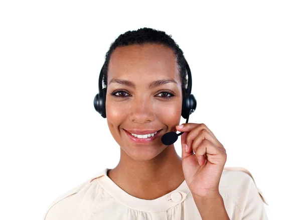 stock image Smiling customer service representative with headset on