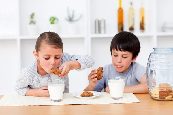 Felices hermanos comiendo galletas y bebiendo leche — Foto de Stock