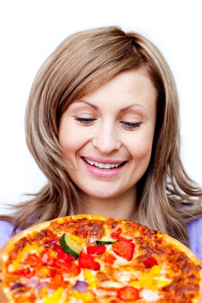 Bright woman holding a pizza — Stock Photo, Image
