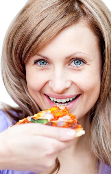 Mujer animada sosteniendo una pizza —  Fotos de Stock