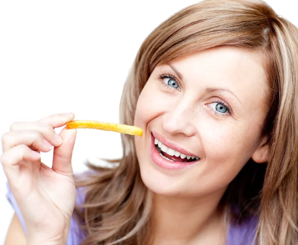 Radiant woman holding chips — Stock Photo, Image