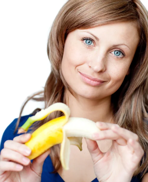 Bright woman holding a bananna — Stock Photo, Image