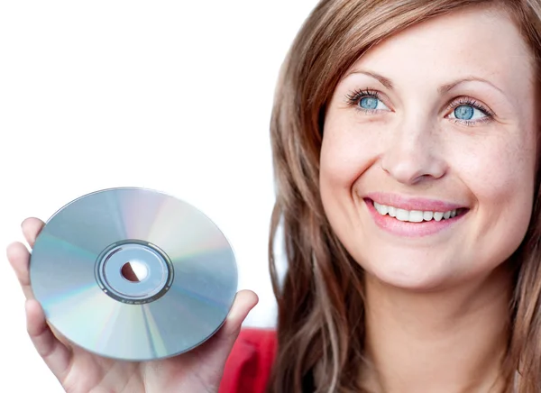 Bir CD-ROM'u tutan memnun kadın — Stok fotoğraf