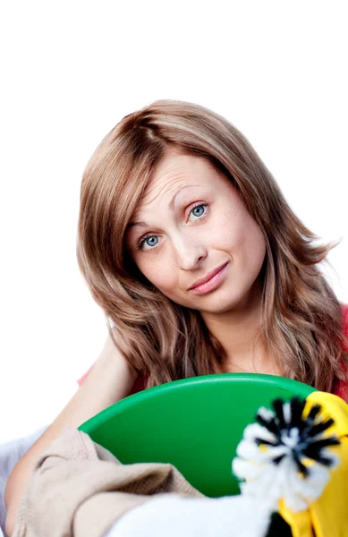 Portrait of a happy woman doing housework — Stock Photo, Image