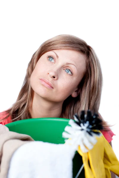 Portrait of a delighted woman doing housework — Stock Photo, Image