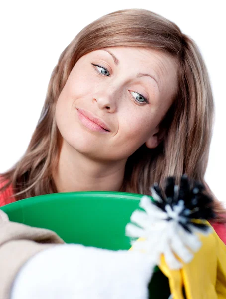 Portrait of a cute woman doing housework — Stock Photo, Image