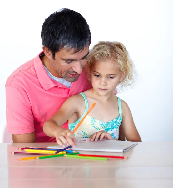 Cheerful father drawing with his daughter Stock Picture