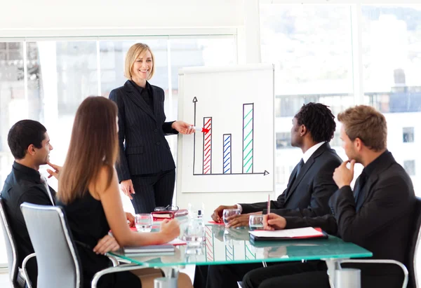 Businesswoman reporting to sales in a seminar — Stock Photo, Image