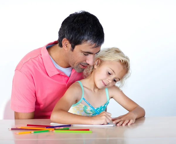 Daughter drawing with her father Stock Image