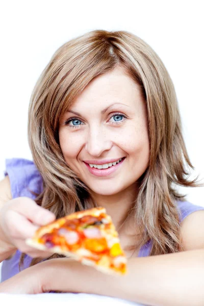 Joyful woman holding a pizza Royalty Free Stock Photos
